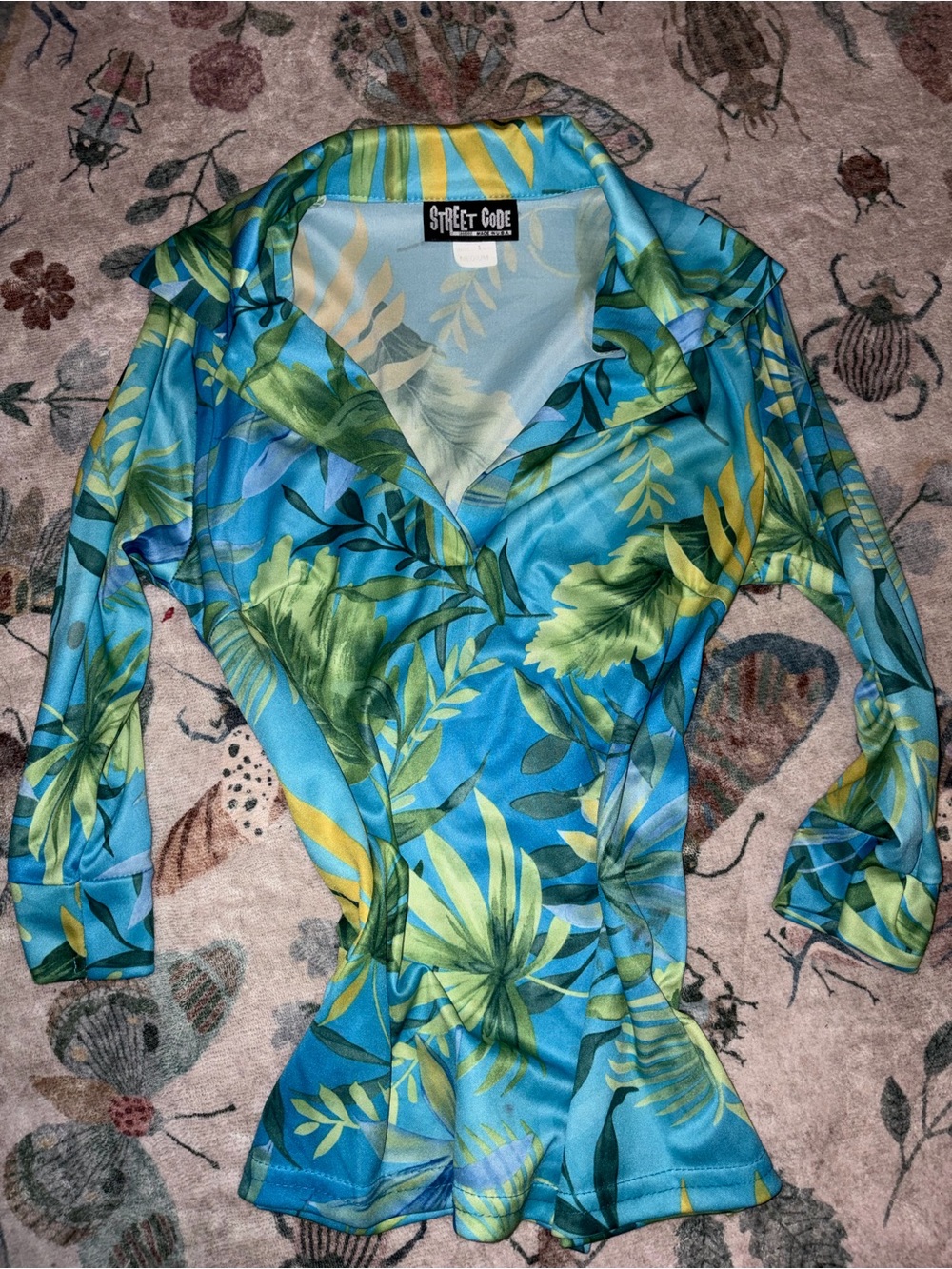 Vintage 90s Street Code Made in USA Tropical Collared Top M